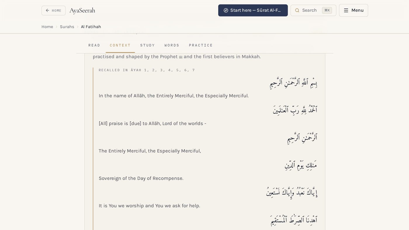 The Context view of Sūrat Al-Fātiḥah in AyaSeerah