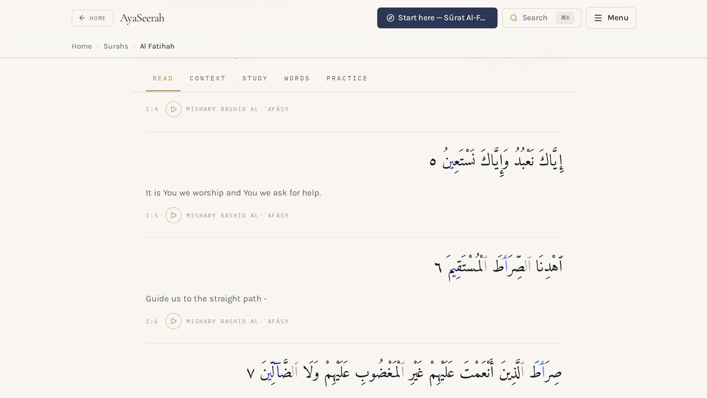 The Read view of Sūrat Al-Fātiḥah in AyaSeerah