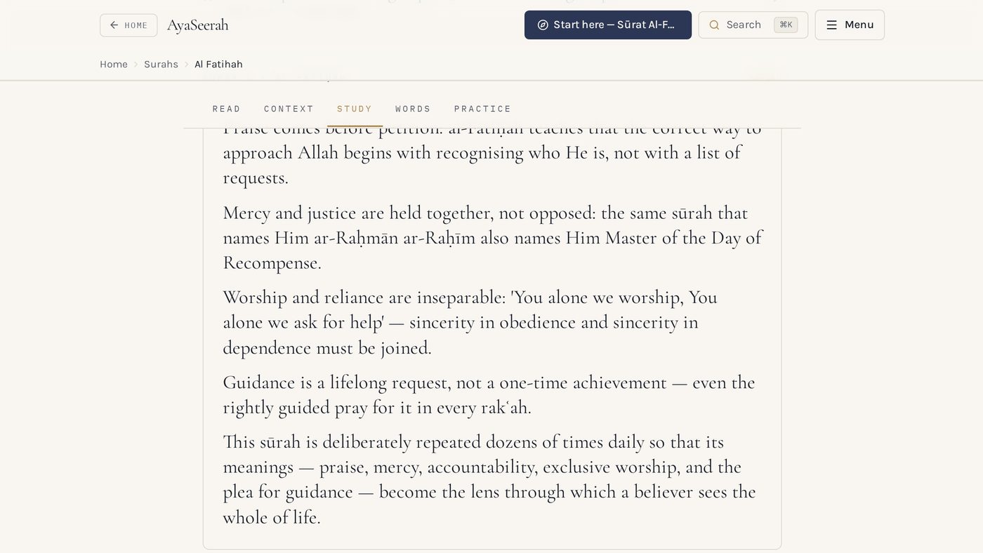 The Study view of Sūrat Al-Fātiḥah in AyaSeerah
